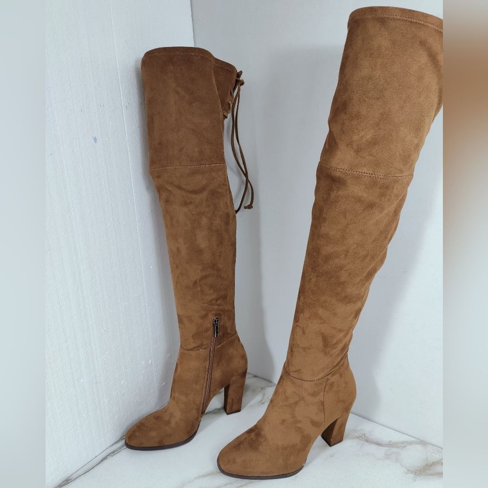Vince Camuto Tapley Cognac Microsuede Over The Knee Heeled Boots, 7.5 - Picture 5 of 12